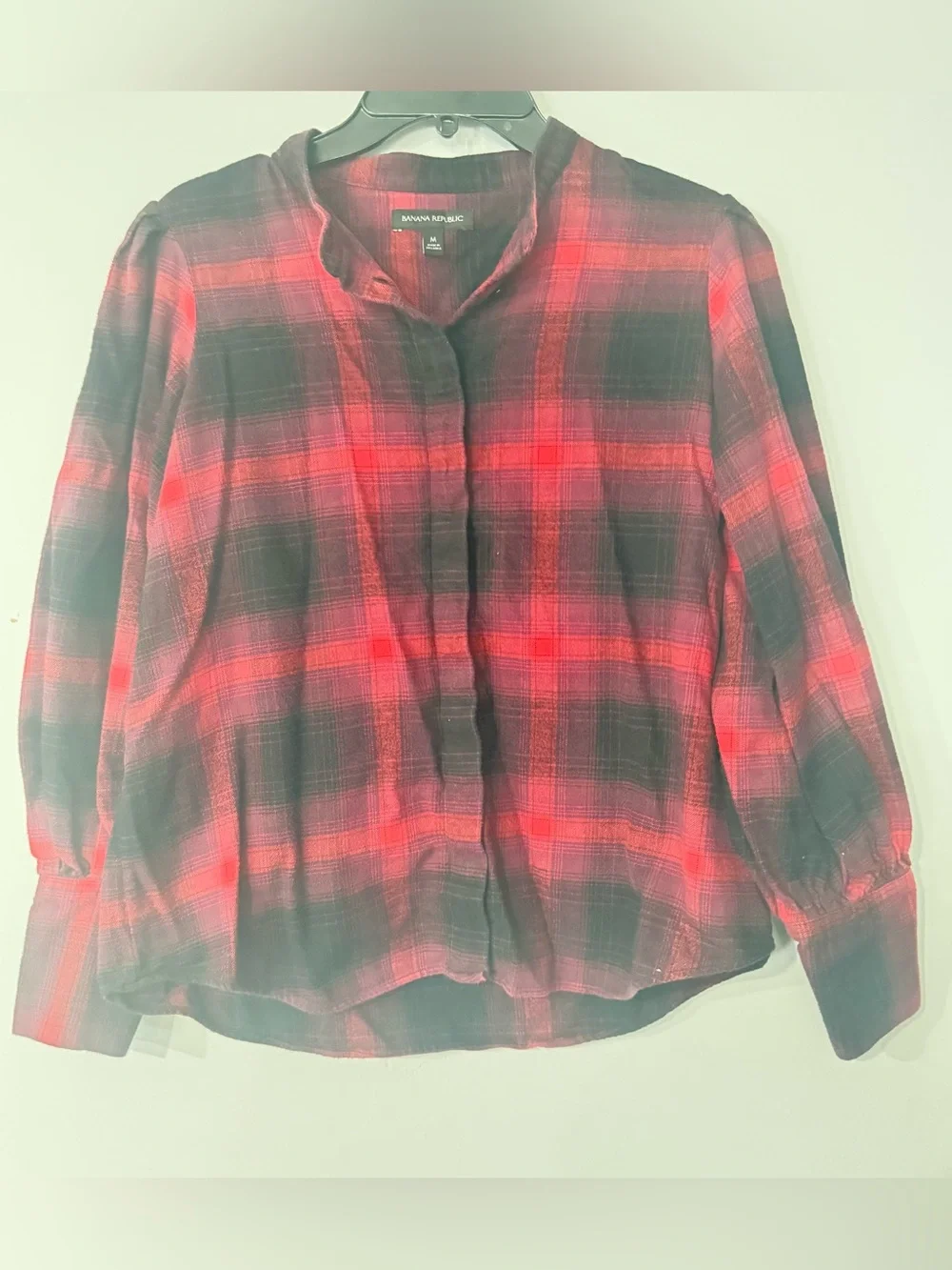 Banana Republic Red Black Plaid Volume Sleeve Flannel Bottom-Front Top